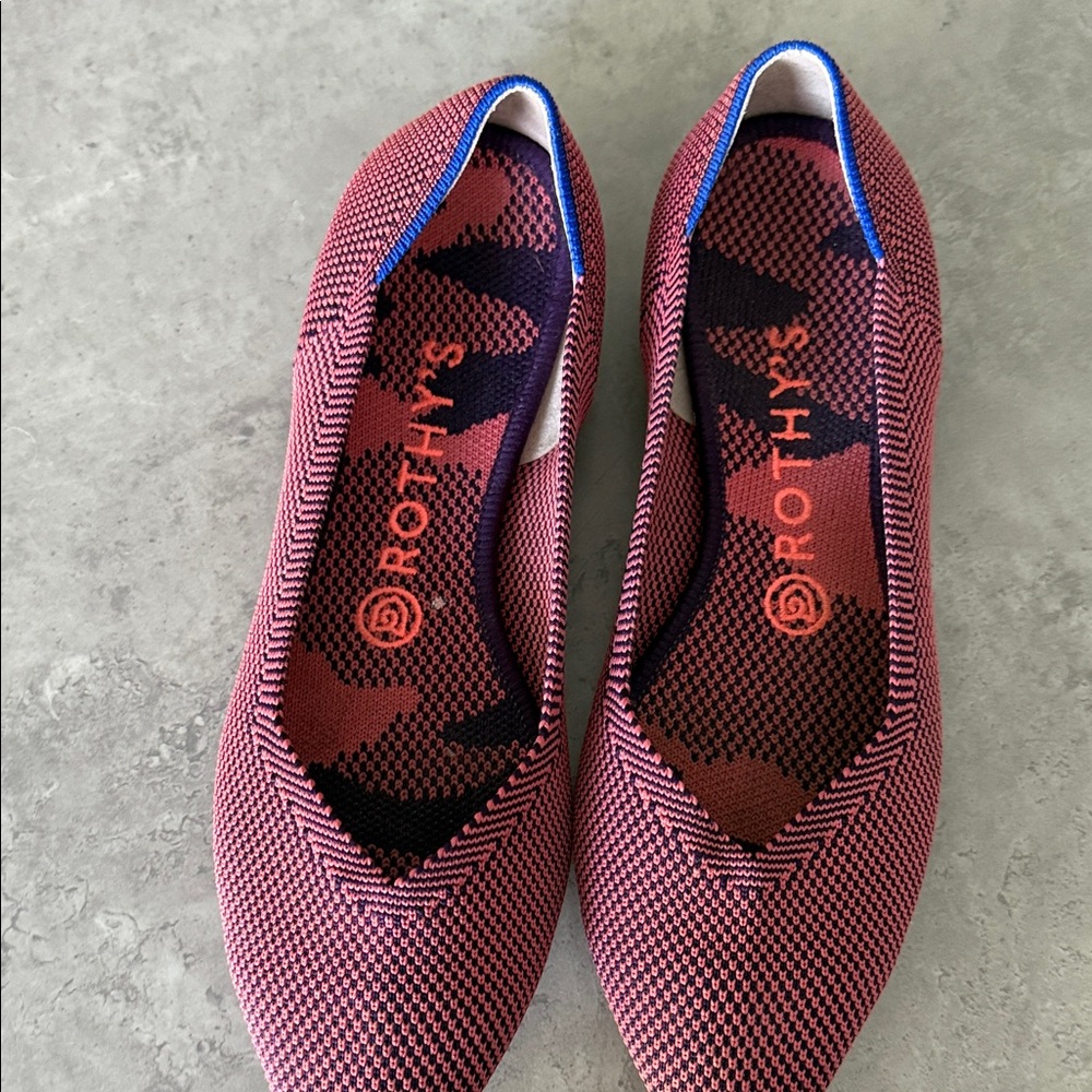 Rothy's Pink and Black Flats with Blue Accent